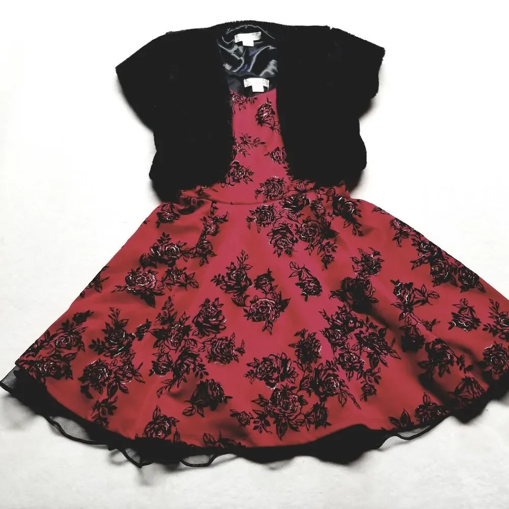 Knit Works Girls 12 Dress Formal Black Red Floral Faux Fur Jacket Holiday